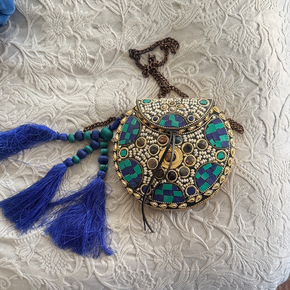 Handcrafted Blue & Green Mosaic Embellished Crossbody Bag